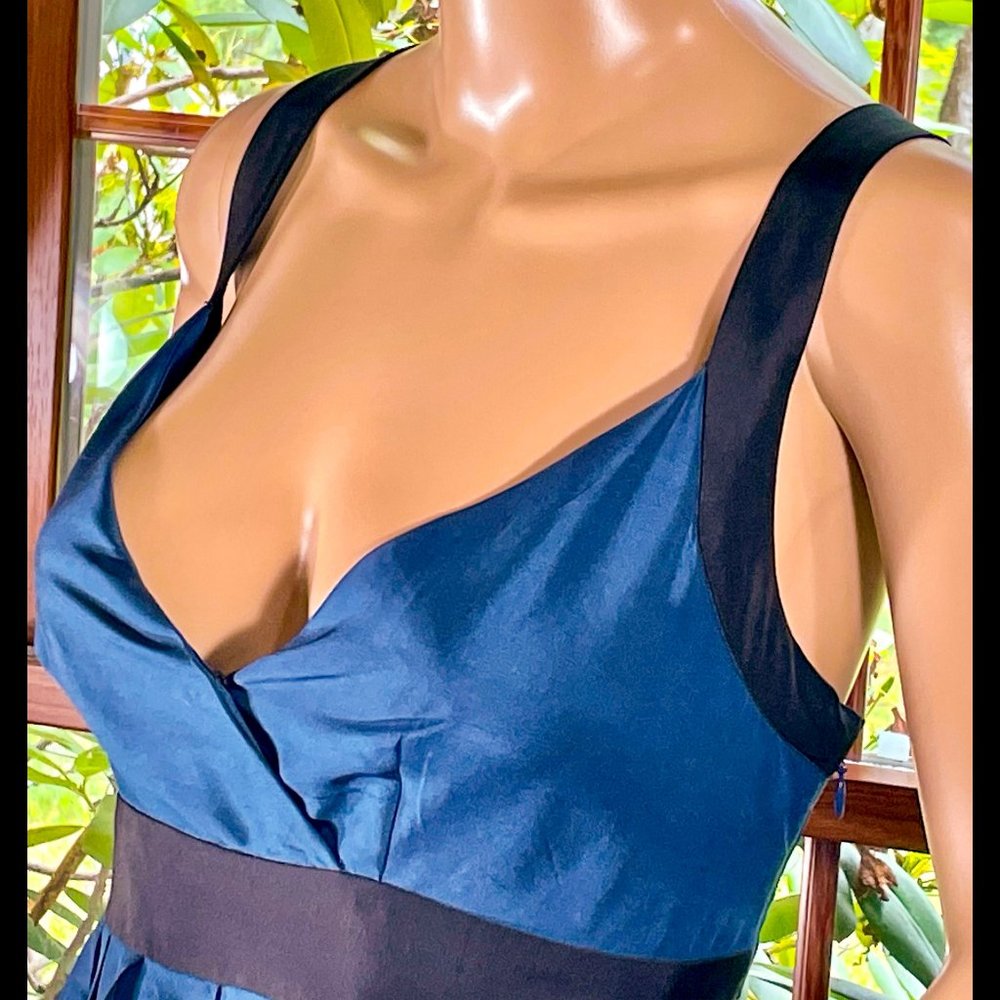 ▪️TED BAKER▪️Blue & Black Pleated Silk Satin Empire Waist Ruffle Cocktail Dress - Picture 3 of 5